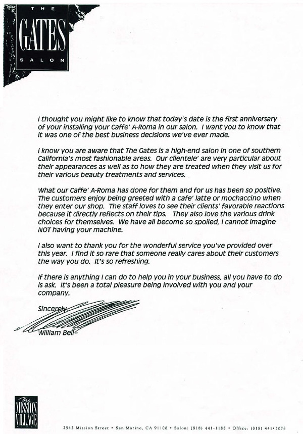 Testimonial Letter From The Gates Beauty Salon - office coffee delivery service.