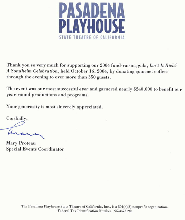 Testimonial Letter From Pasadena Playhouse Fundraiser - coffee delivery service.